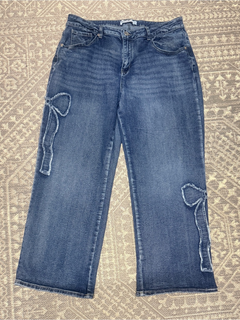 Telepatía Women's Mid-Blue Wide-Leg Jeans adorable with rare Frayed Bow Detail